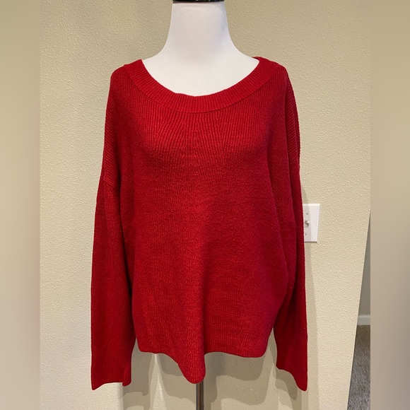 ZARA Cherry red Knit Off shoulder wide round neck sweater Sz Small Crew neck - Picture 1 of 5